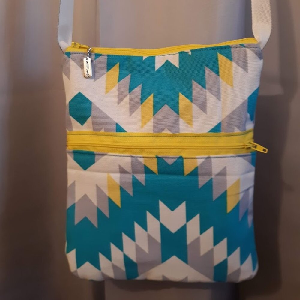 New Southwestern geometric Blue Yellow Gray Crossbody Zipper Purse shoulder bag